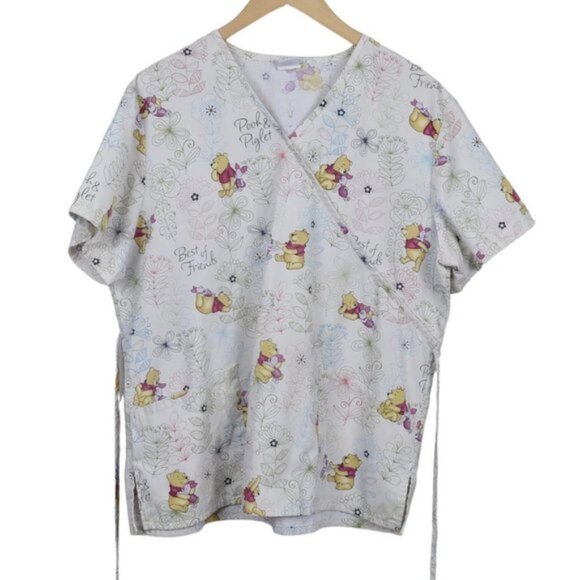 Disney Scrub Top Winnie the Pooh  Bear Piglet Medical Cream Size XL - Picture 2 of 14